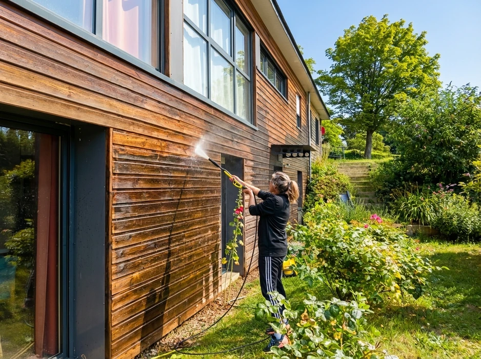 Jardinier professionnel en tenue de travail beige taille une haie de conifères dense avec un taille-haie télescopique à long manche dans un jardin paysagé extérieur